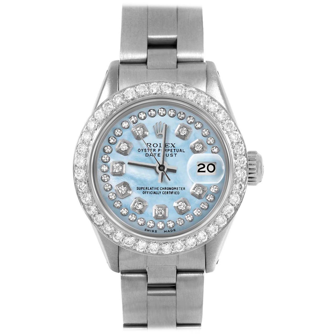 Rolex, bracelet Oyster Datejust 6917 bleu clair à cordon en nacre et cadran en diamant