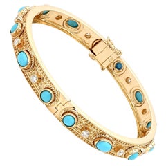 Real Oval Turquoise Gemstone Bracelet Diamond Solid 14k Yellow Gold Fine Jewelry