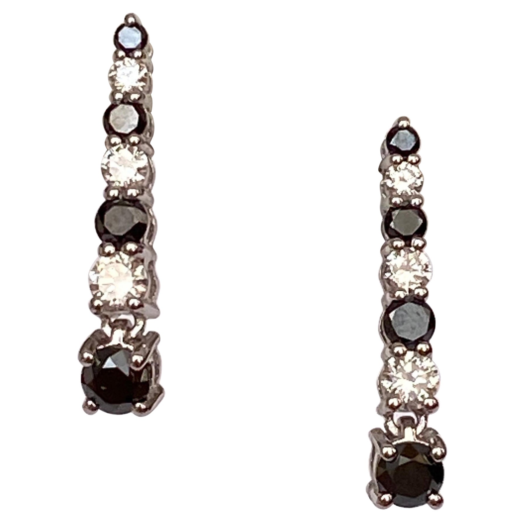 18 Karat White Gold Dangle Ear Studs with White and Black Diamonds For Sale