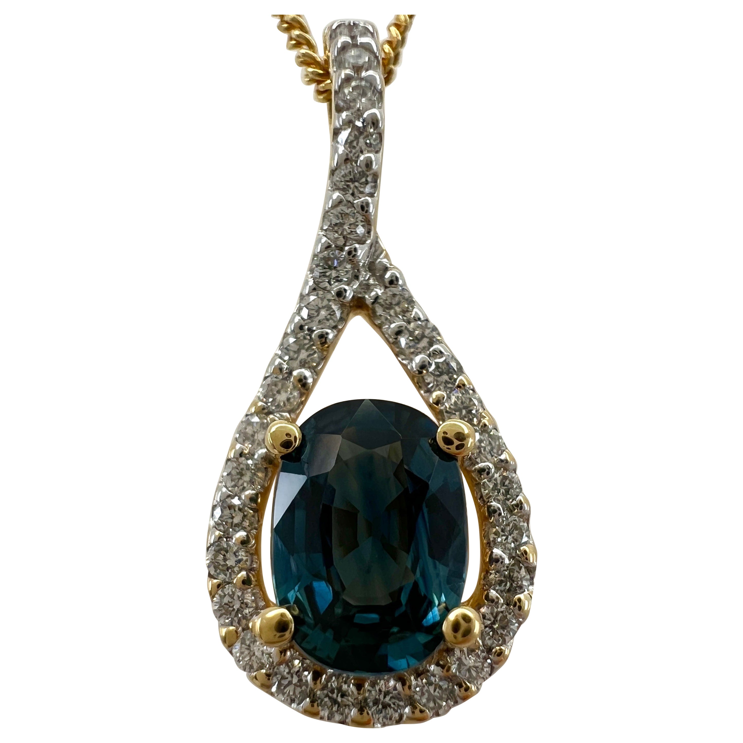 1.23 Carat Deep Blue Sapphire & Diamond Crossover 18k Gold Oval Pendant Necklace For Sale