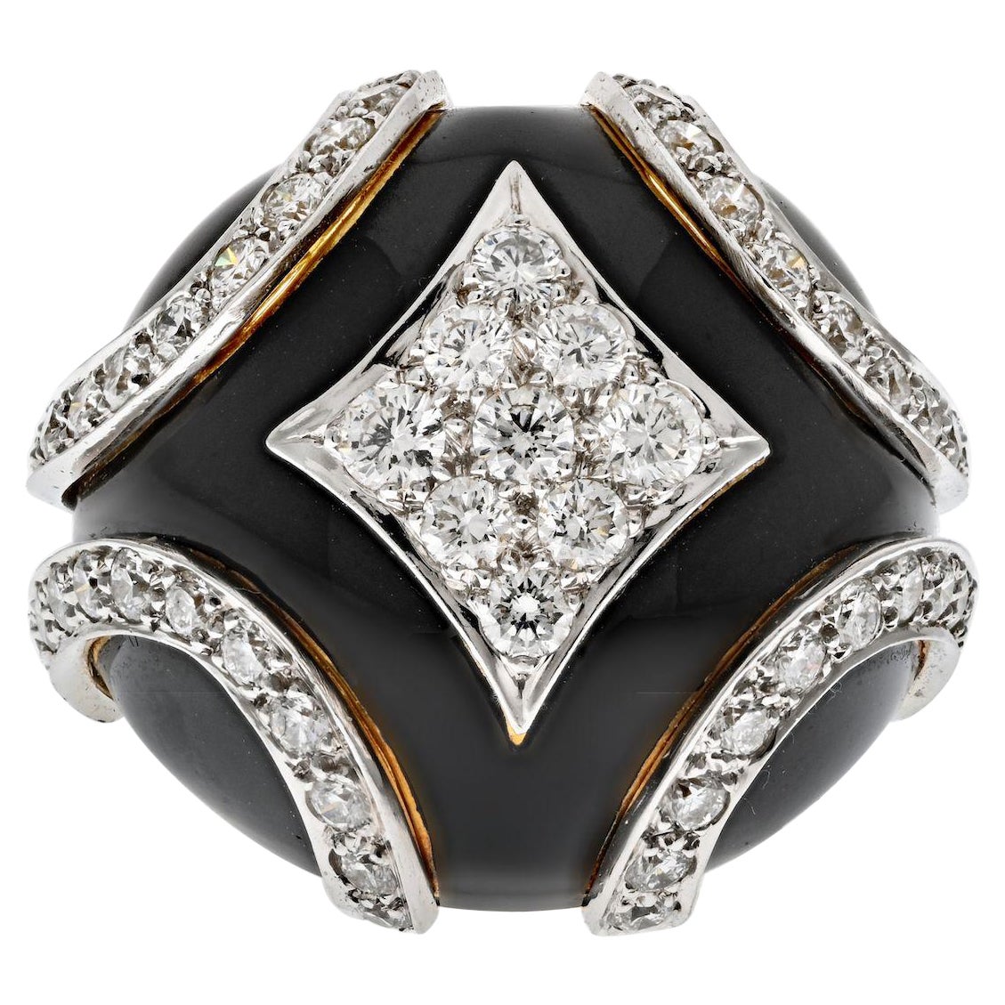 David Webb Platinum & 18k Yellow Gold Black Enamel Diamond Bombe Ring For Sale