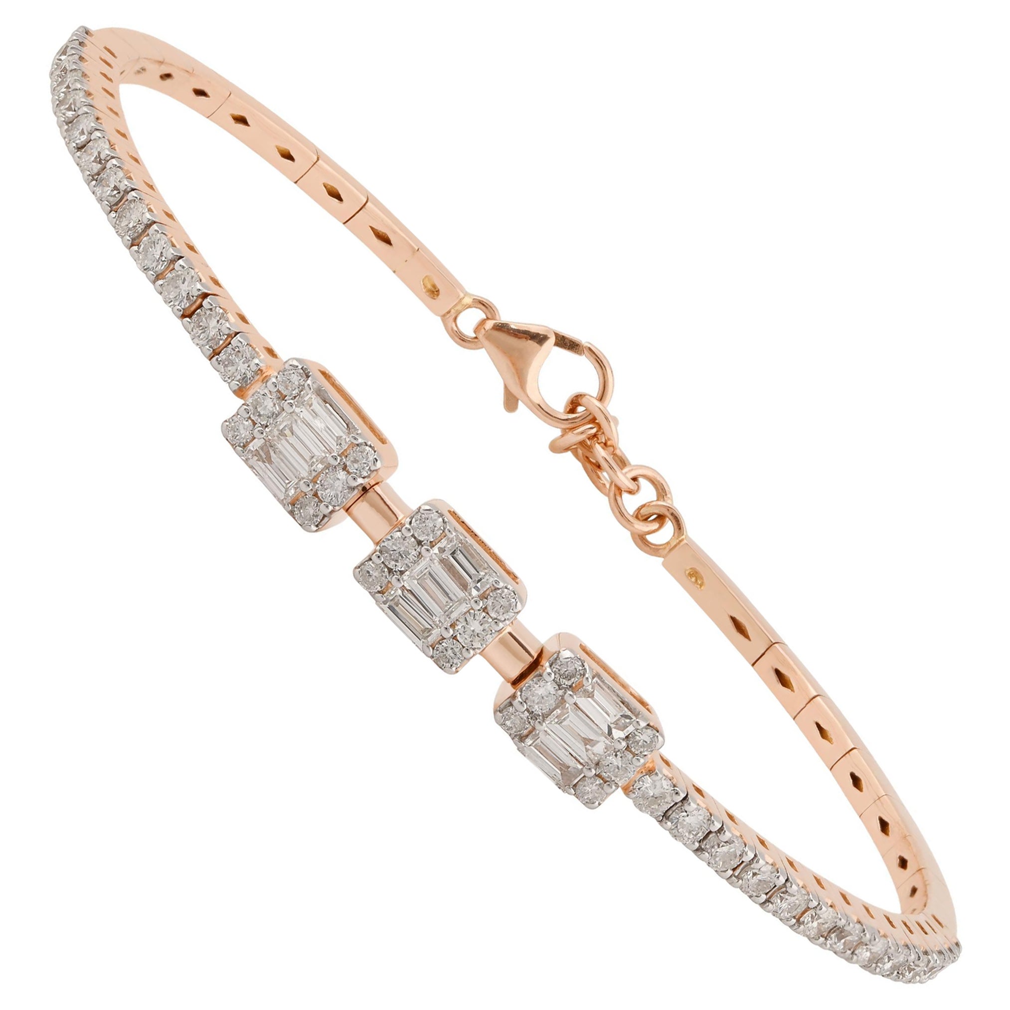 1.45 Carat Baguette Diamond Pave Bracelet 14k Rose Gold Lobster Clasp Jewelry For Sale