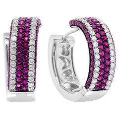 18k White Gold 1 7/8cttw Diamond and Round Red Ruby Open Swish Hoop Earring