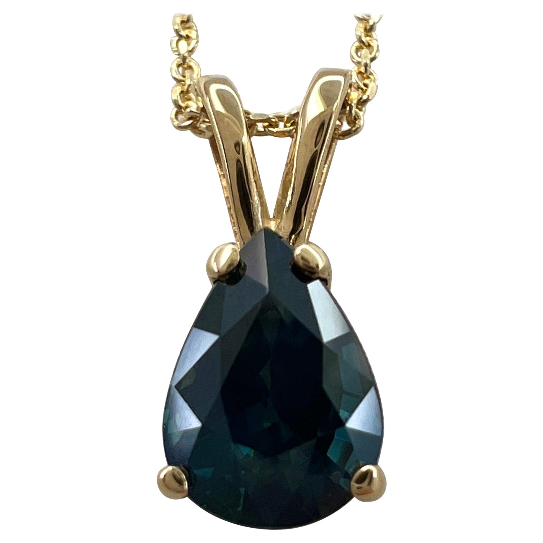 1.08ct IGI Certified Untreated Deep Green Blue Sapphire Pear Cut Gold Pendant For Sale