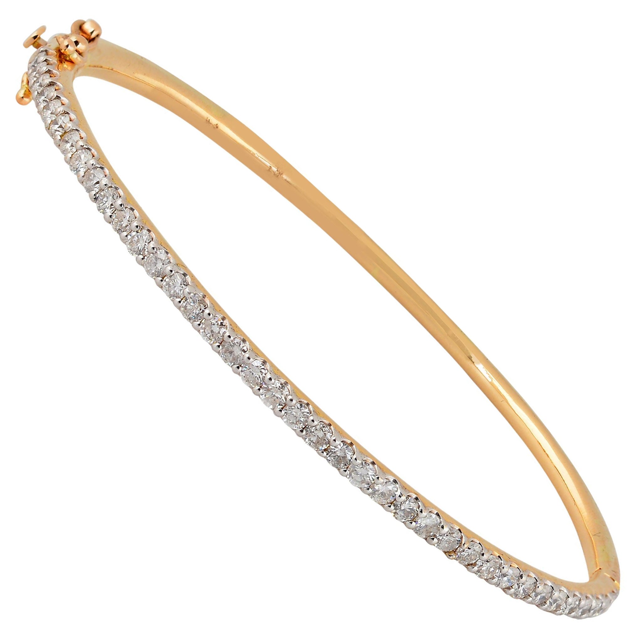 1.65 Carat SI/HI Diamond Pave Bangle Sleek Bracelet 14 Karat Yellow Gold Jewelry For Sale
