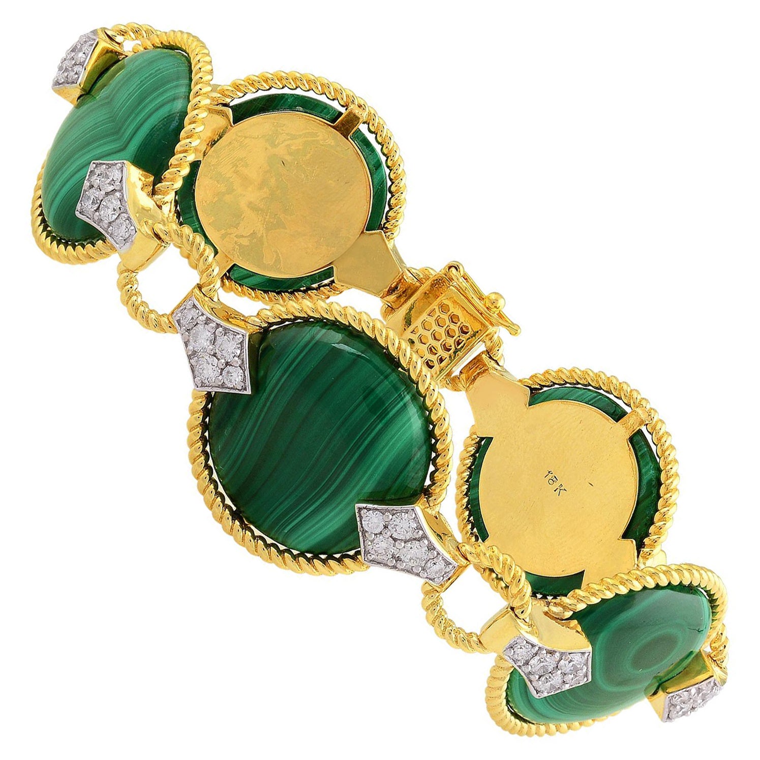 Malachite Gemstone Bracelet Diamond Pave 14 Karat Yellow Gold Handmade Jewelry For Sale