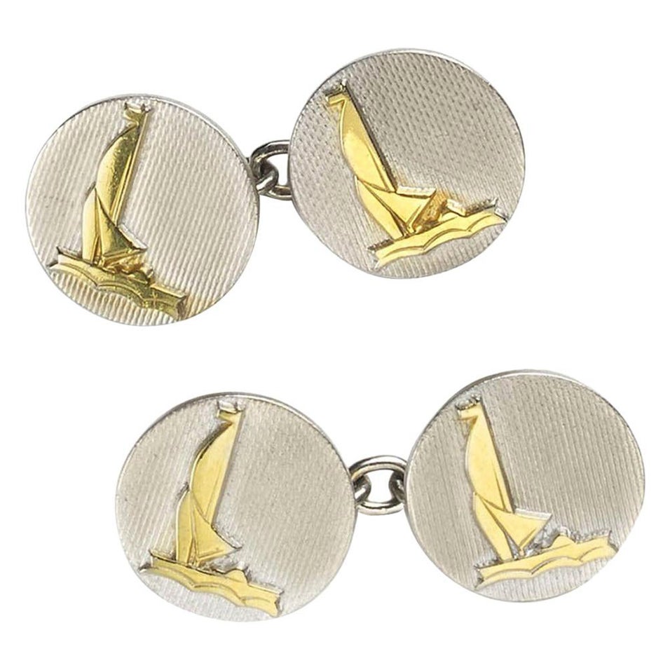 Platinum and Gold Boat Cufflinks, circa 1950 For Sale