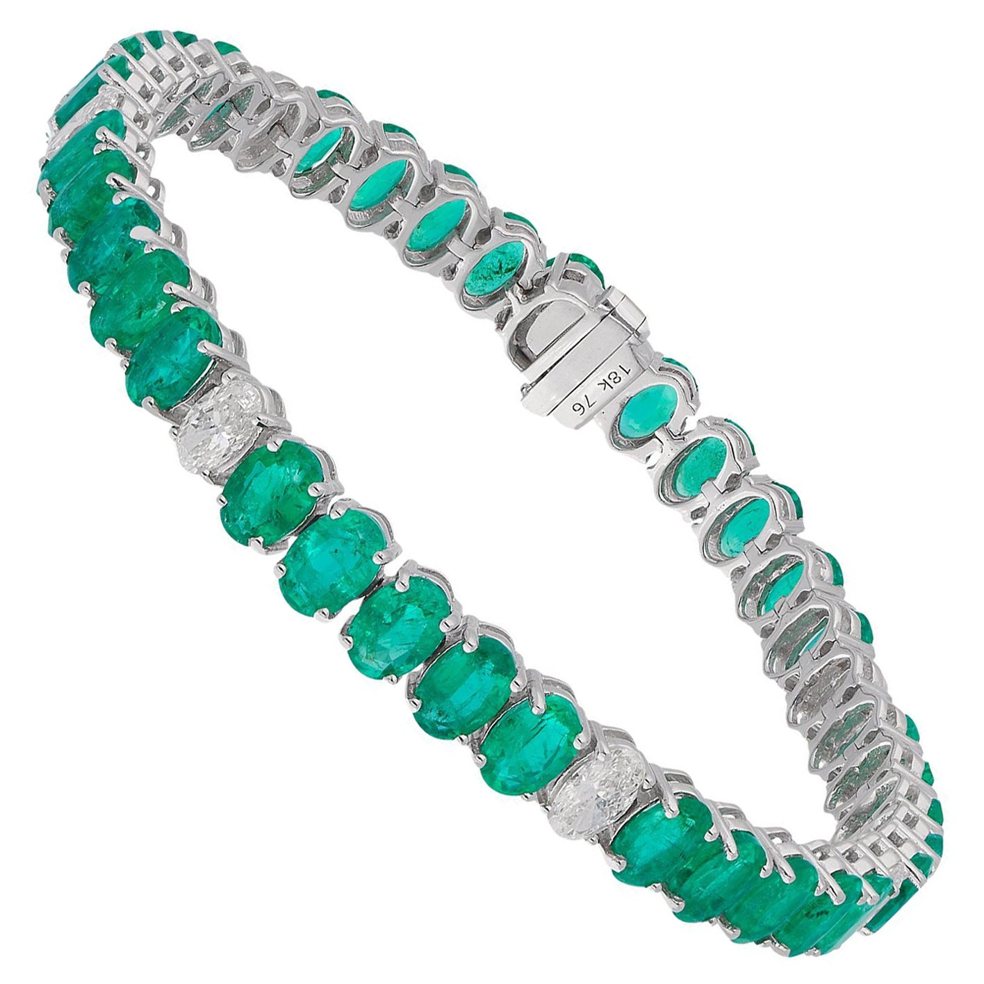 Oval Shape Natural Emerald Gemstone Bracelet Diamond 14 Karat White Gold Jewelry For Sale