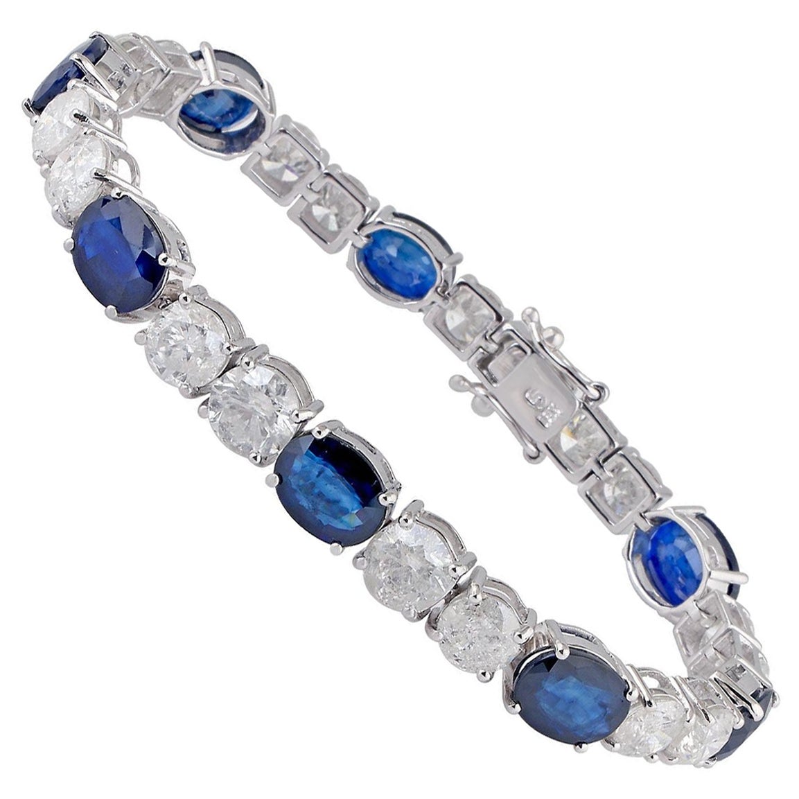 Bracelet de pierres précieuses saphir bleu ovale diamant or blanc 14 carats fait main