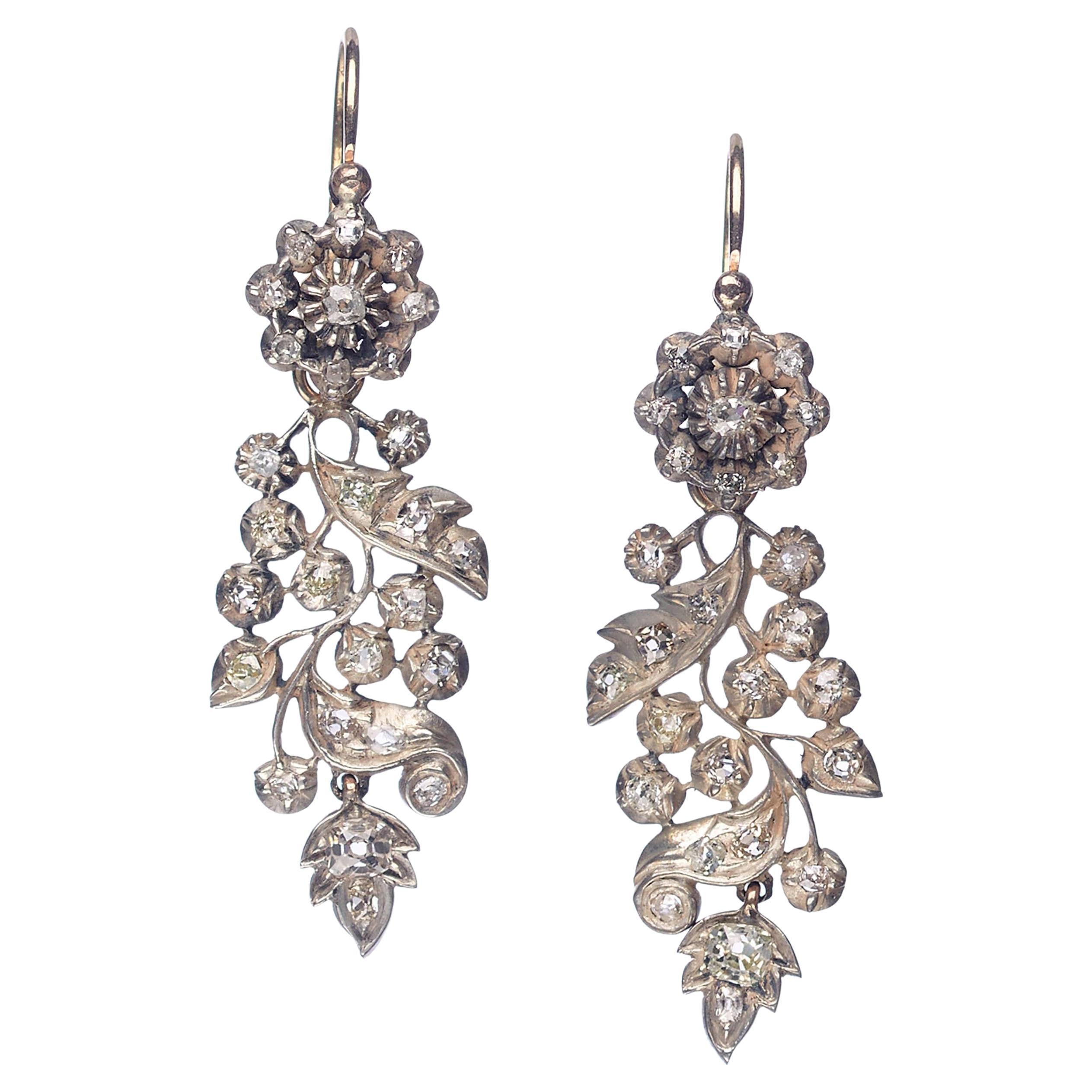 Antique Spanish Diamond and Silver Upon Gold Drop Earrings, 3.00 Carat