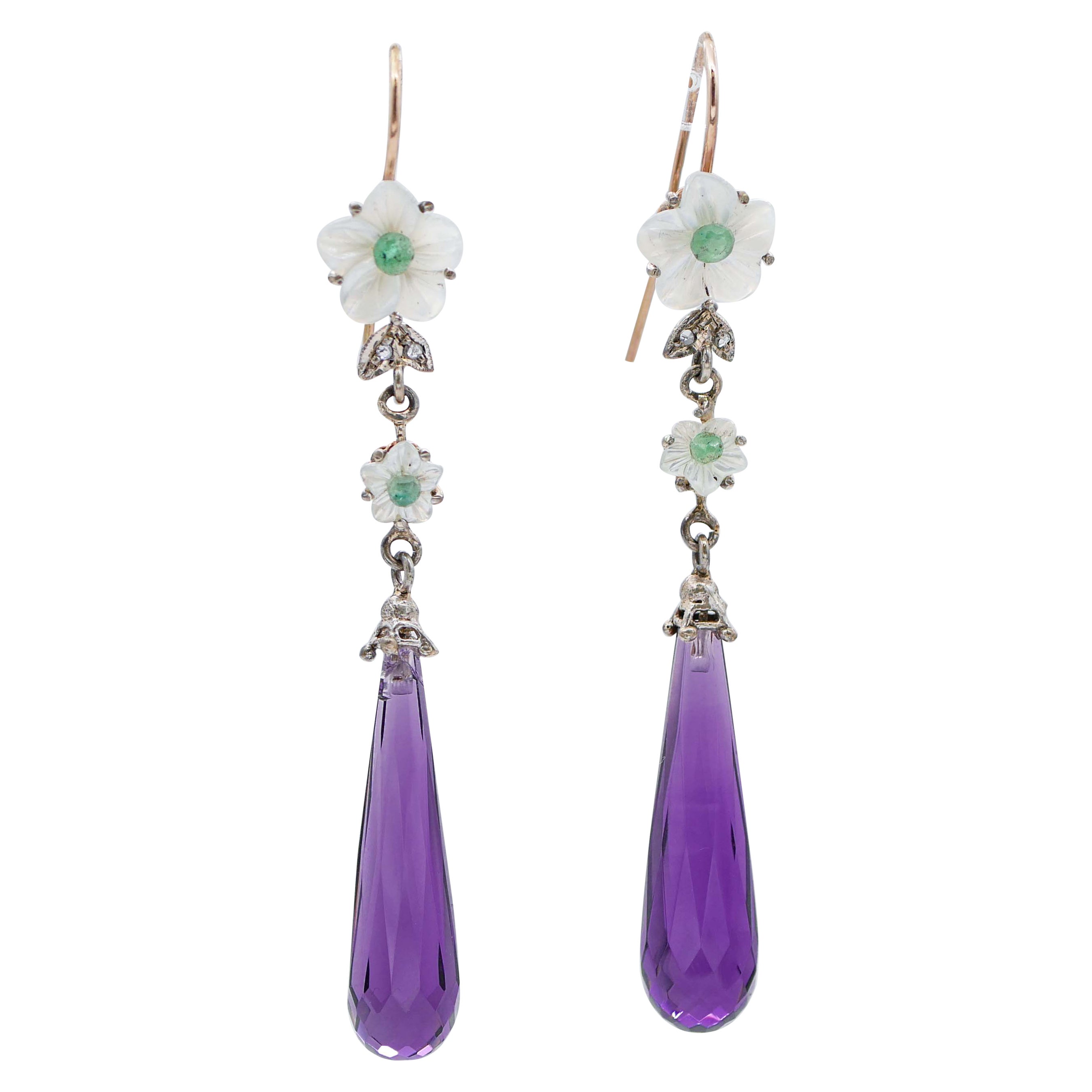 Amethysts, Emeralds, Diamonds, White Stones, Rose Gold and Silver Earrings For Sale