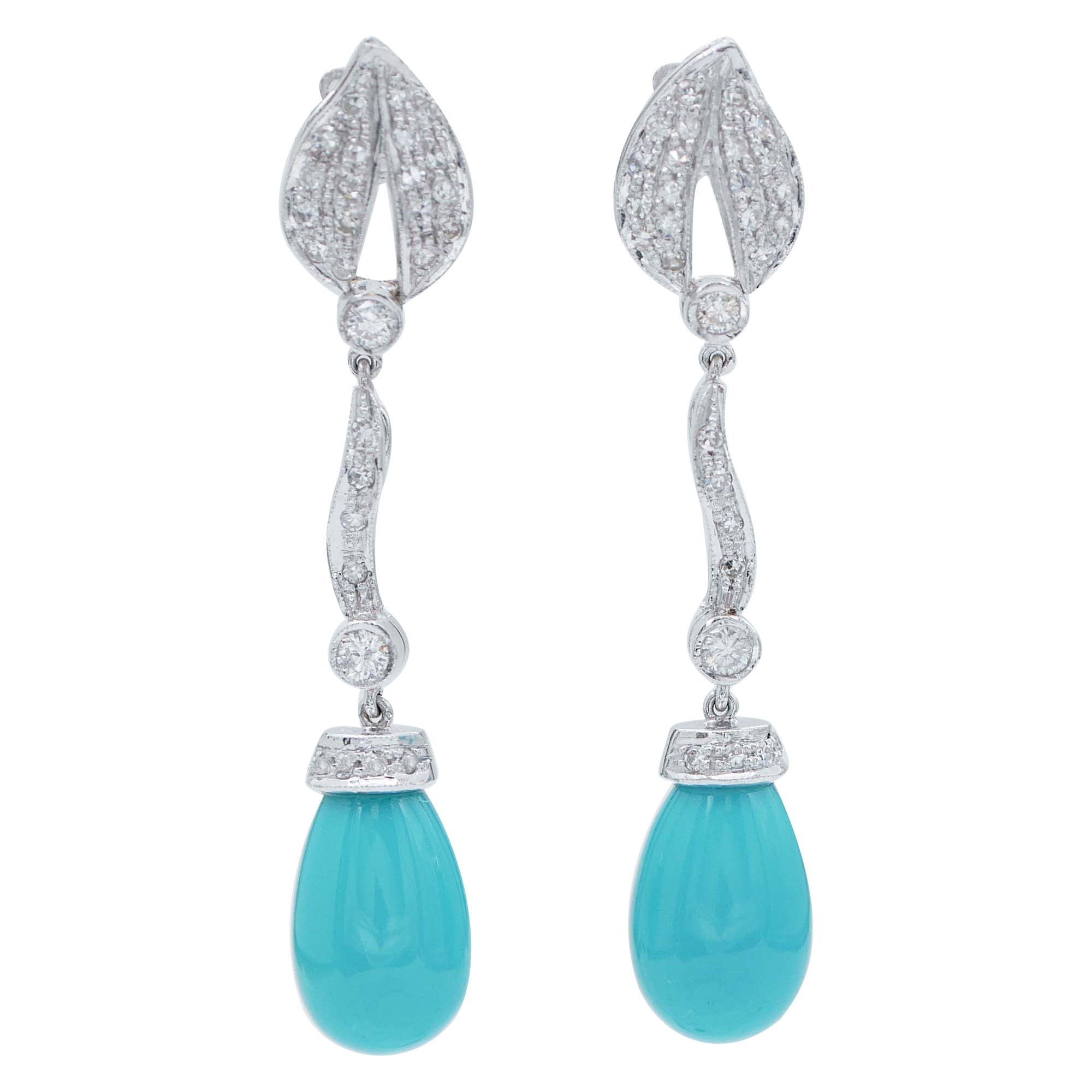 Boucles d'oreilles pendantes en turquoise, diamants et platine