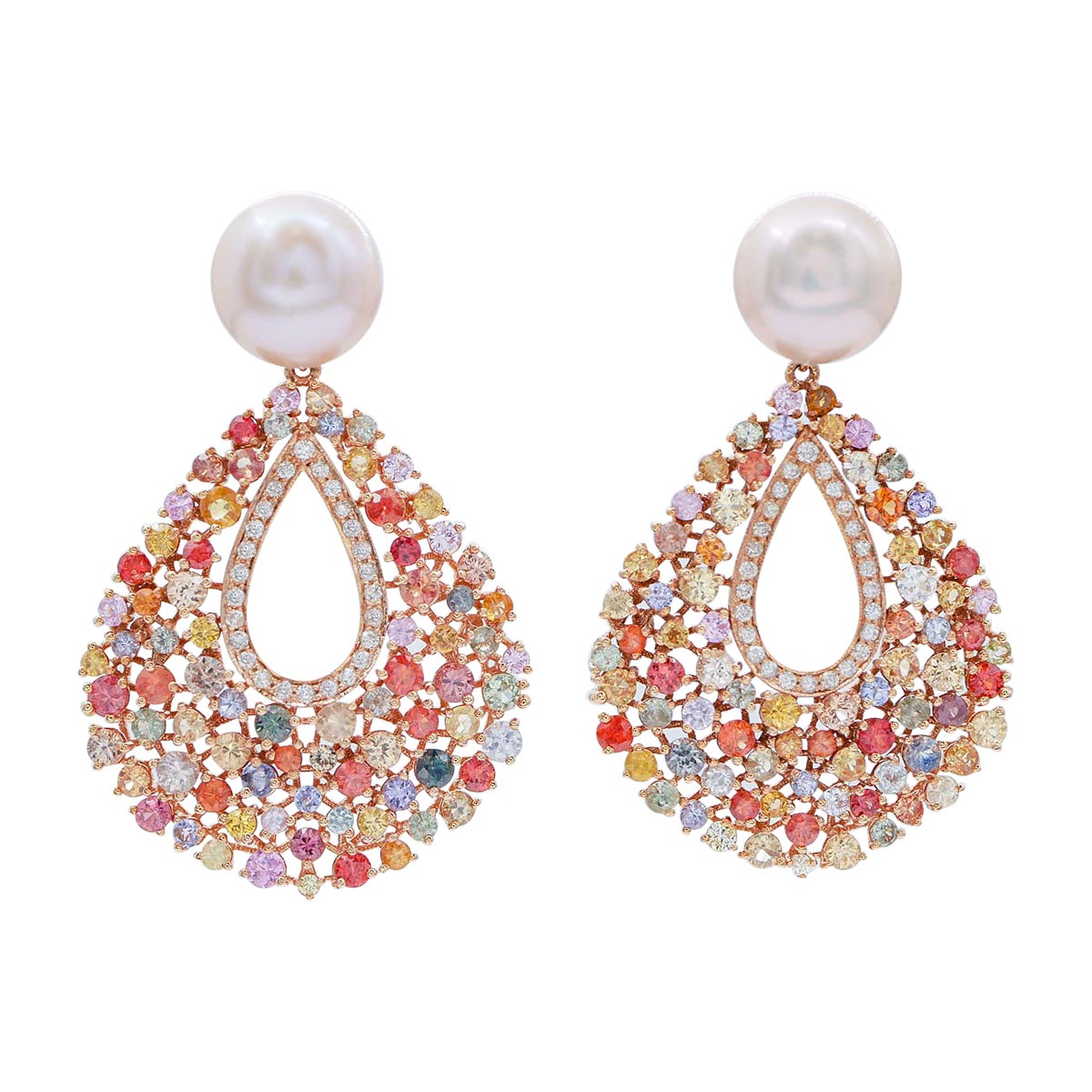 Pink Pearls, Tanzanite, Multicolor Sapphires, Diamonds, 14 Kt Rose Gold Earrings For Sale