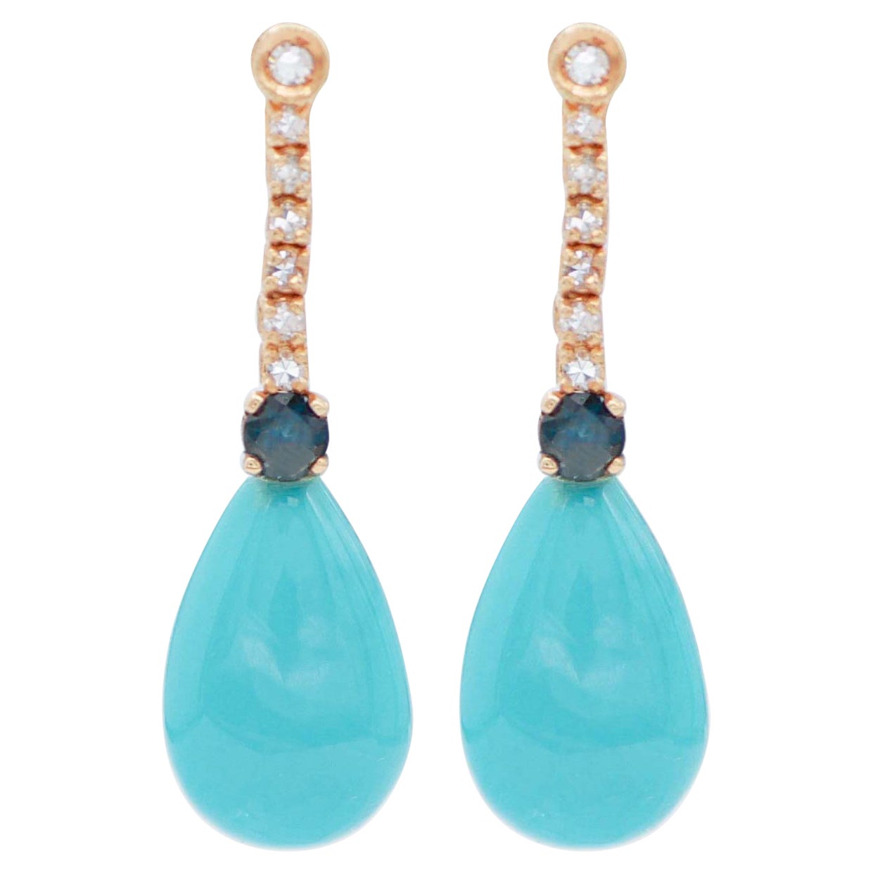 Turquoise, Sapphires, Diamonds, 14 Karat Rose Gold Earrings