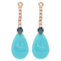 Turquoise, Sapphires, Diamonds, 14 Karat Rose Gold Earrings