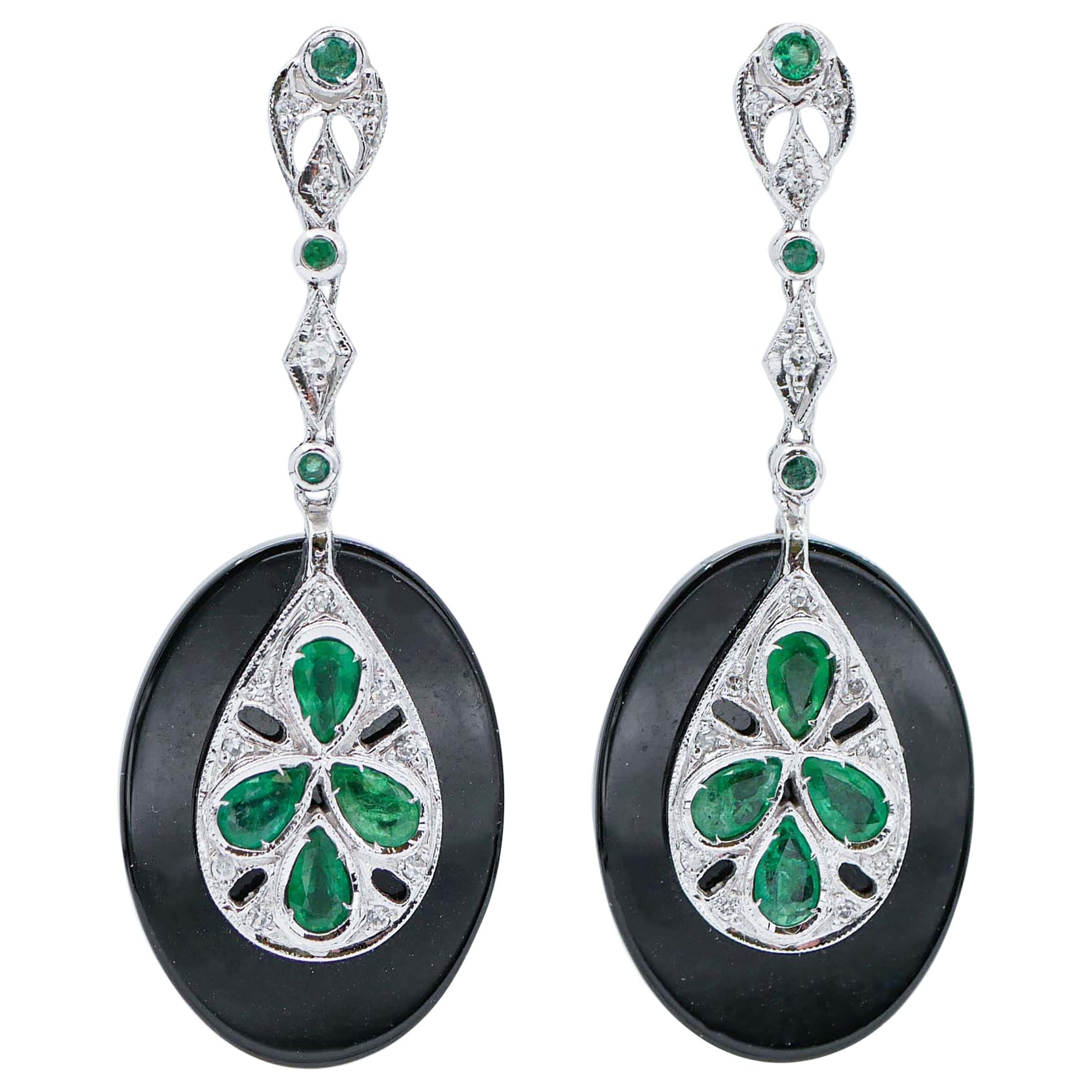 Onyx, Emeralds, Diamonds 14 Karat White Gold Dangle Earrings For Sale