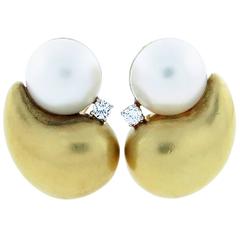 Marlene Stowe Organic Form Mabe Pearl and Diamond Gold Earrings