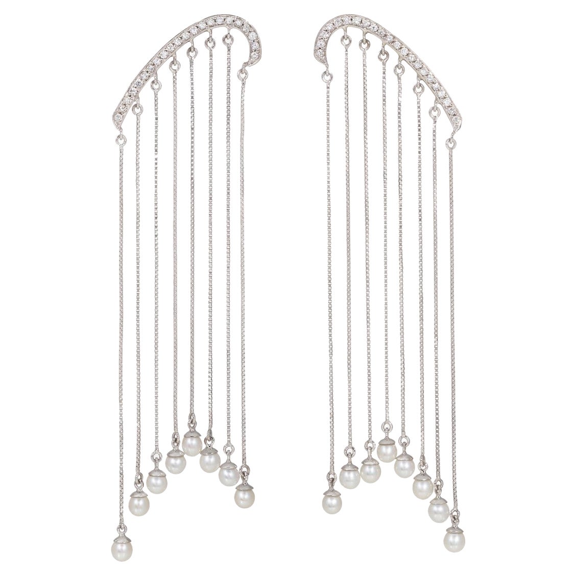 Diamond and Pearl Contemporary Long Dangle Earrings Set in White Gold