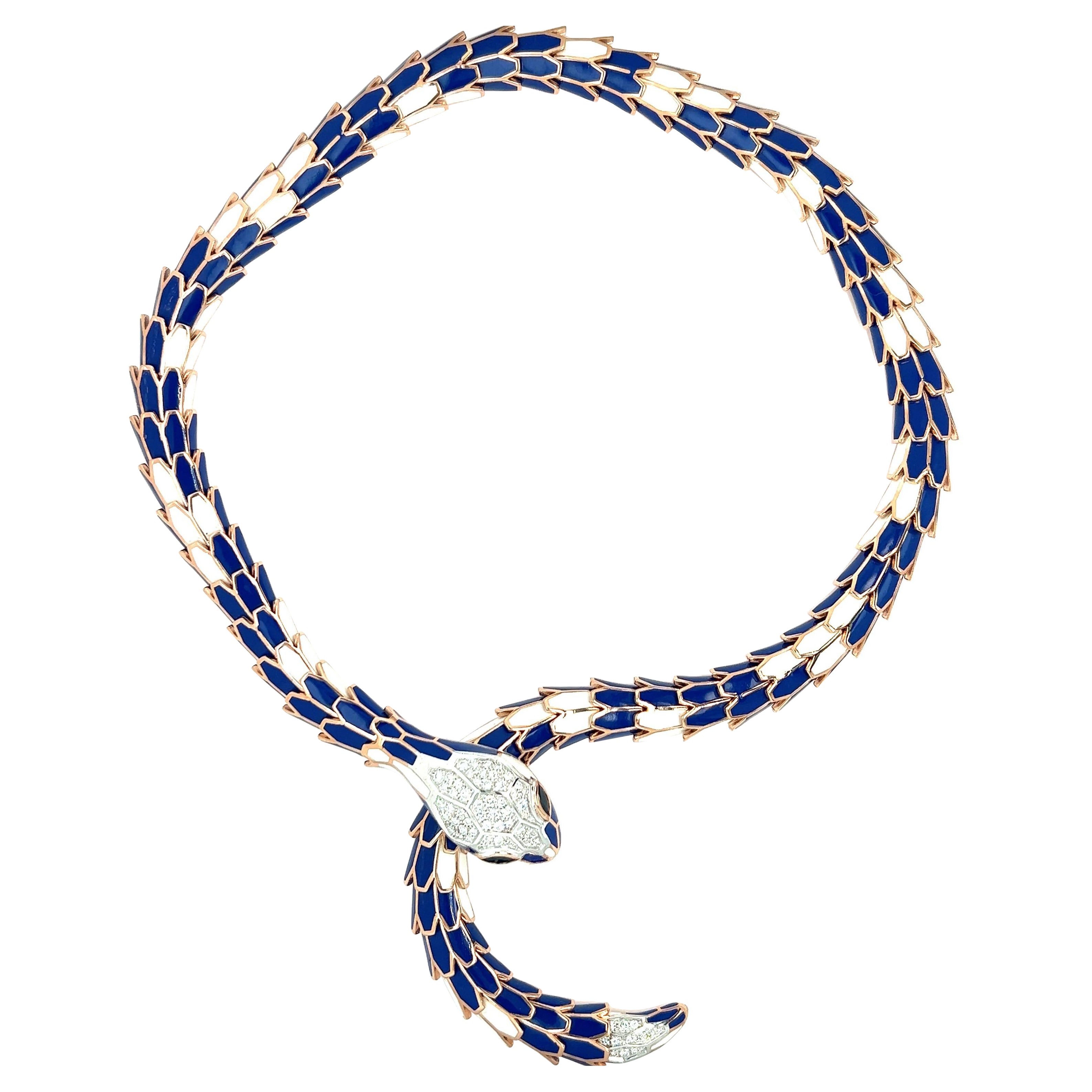 Blue & White Enamel Diamond Sapphire Snake Necklace