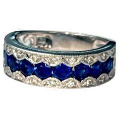 Blue Sapphire and Diamond Band Ring in 18k White Gold
