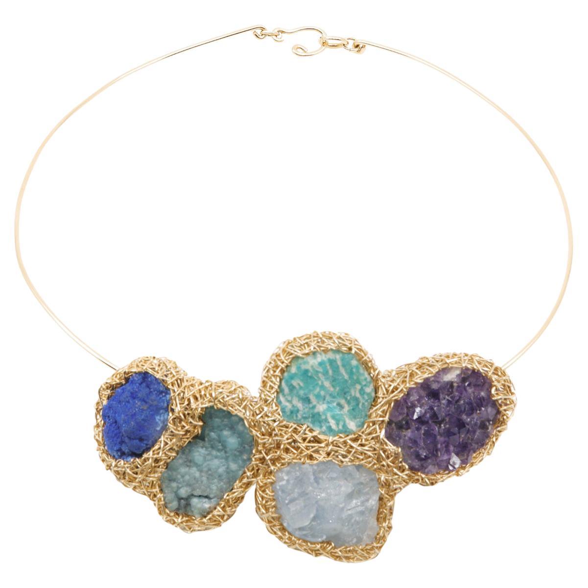 One-Off Raw Stone Cluster Necklace in 14kt Yellow Gold F. by the Artist Herself For Sale