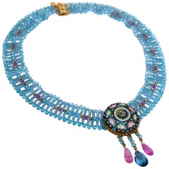 Marina J Aquamarine & Pink Tourmaline Necklace with Vintage Mosaic Brooch