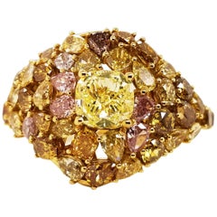 Scarselli Mosaic Cocktail Ring Natural 1 Carat Fancy Yellow Diamond Cushion GIA 