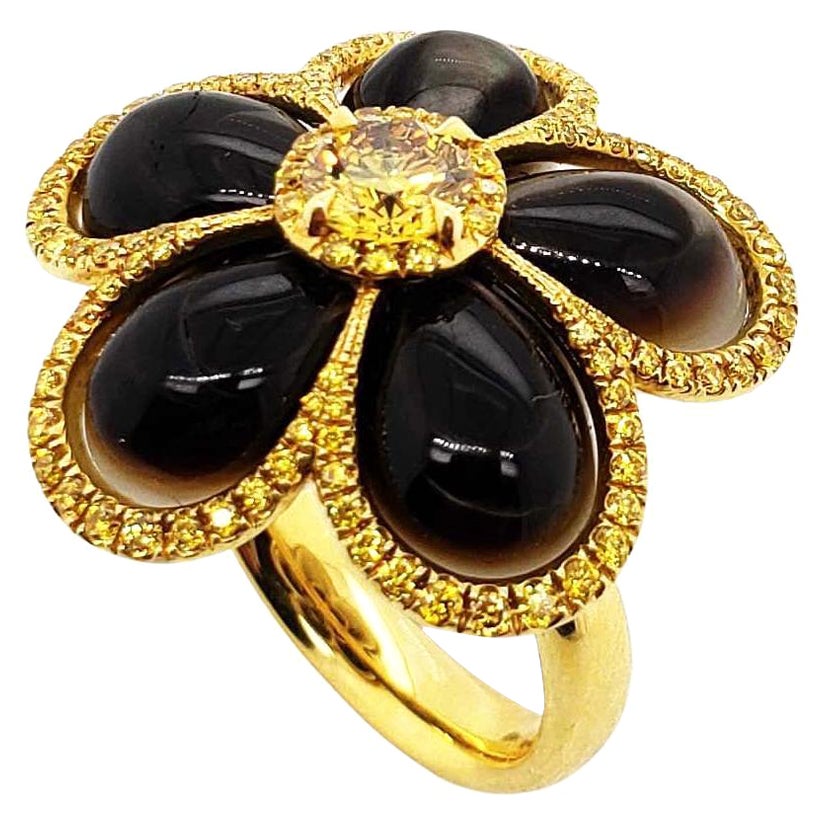 Scarselli Fancy Vivid Yellow Diamond Mother of Pearl 18 Karat Gold Flower Ring For Sale
