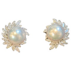 Antique White South Sea Pearl with 6ct Diamond Cocktail Earrings Platinum Estate