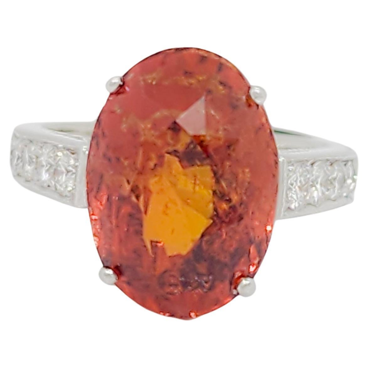 GRS Unheated Orange Sapphire Oval and Diamond Ring in Platinum For Sale