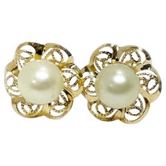 Yellow Gold Pearl Flower Stud Earrings