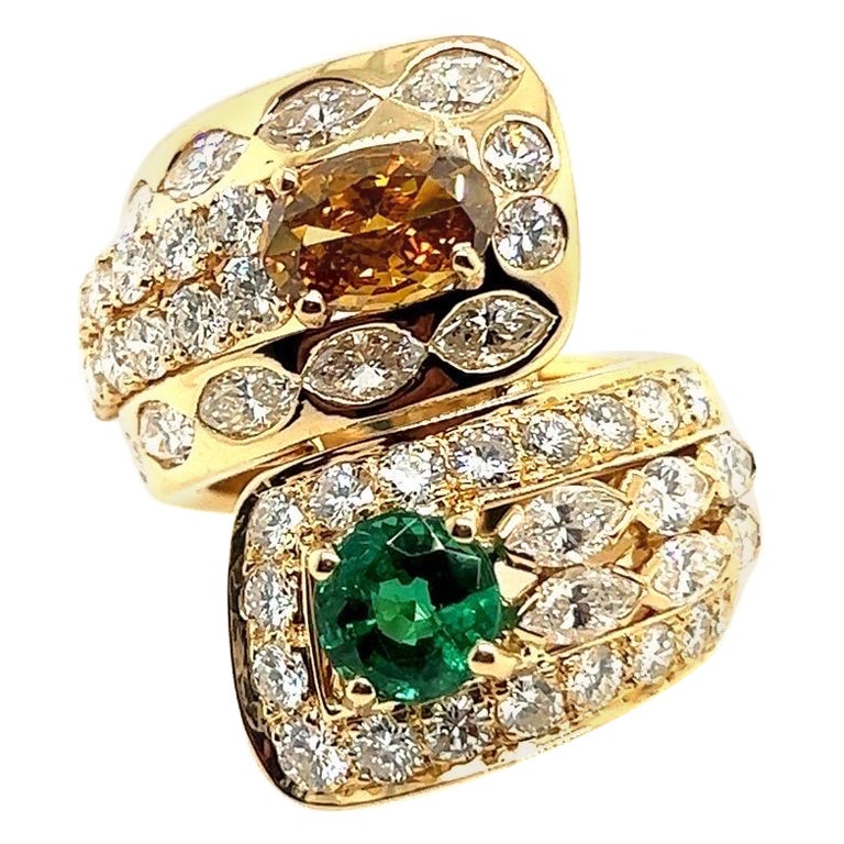 Retro Gold GIA Certified 7.4 Carat Natural Emerald & Diamond Cocktail Ring, 1960 For Sale