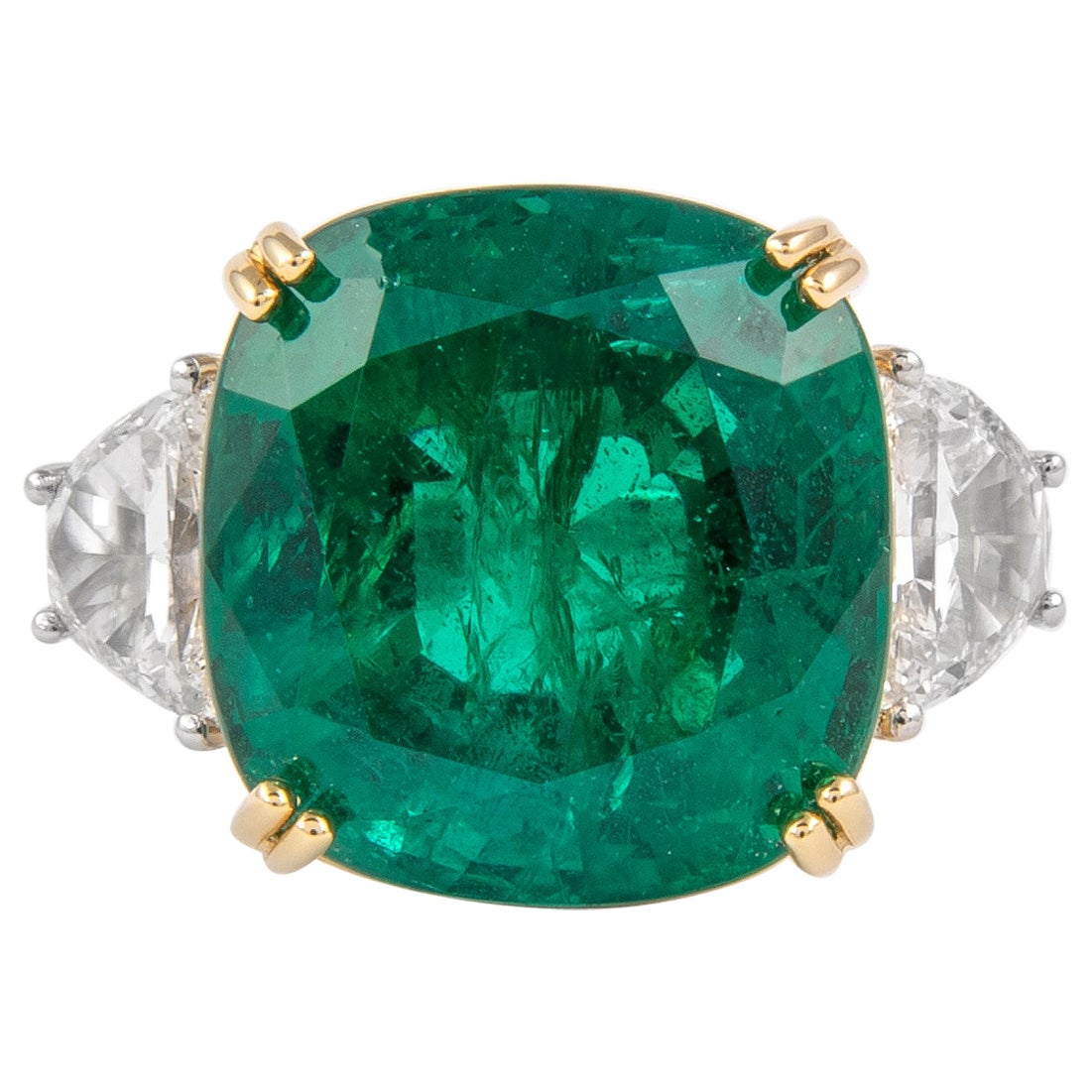 Alexander GRS Certified 14.09ct Emerald & GIA Diamond 3-Stone Ring 18k Two Tone
