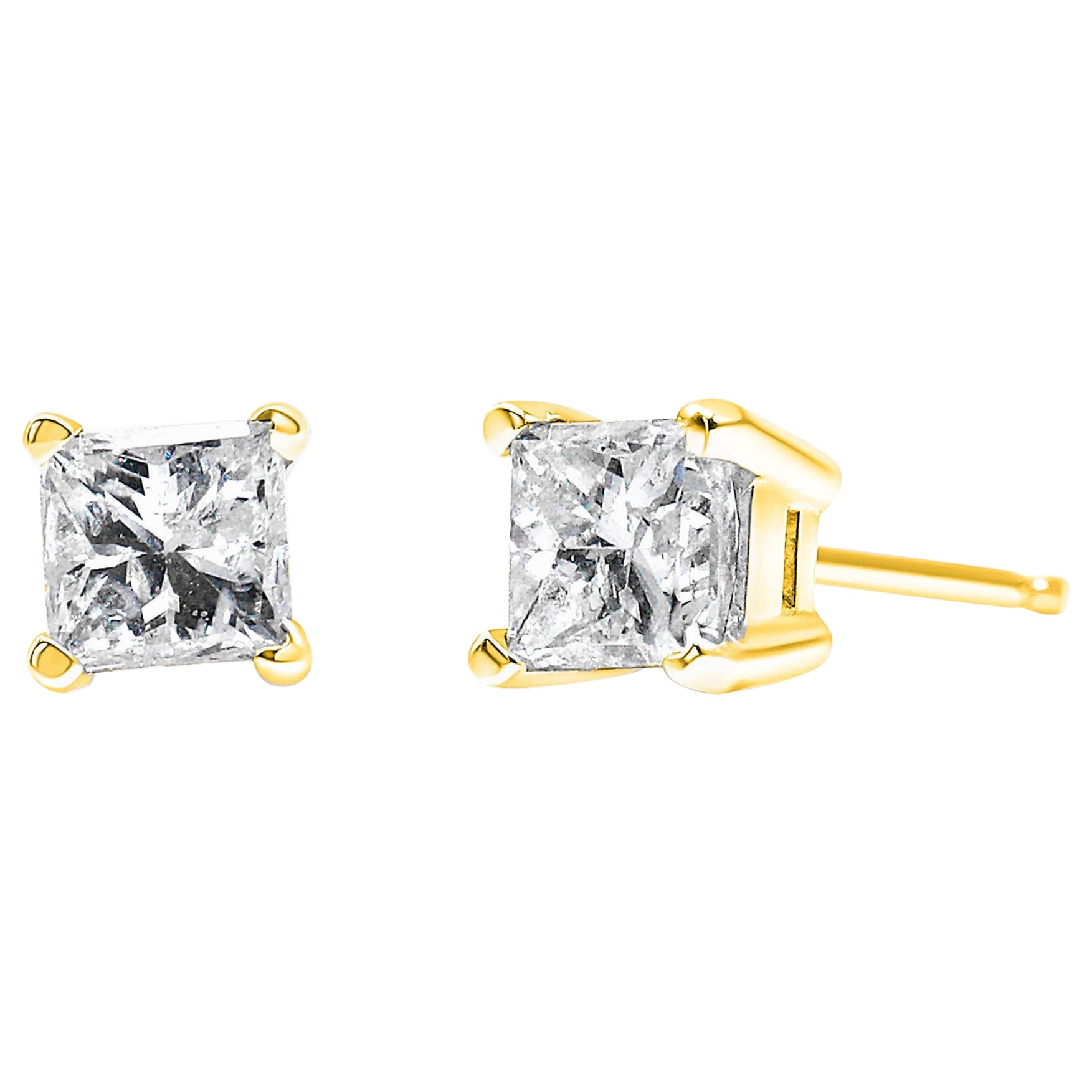 AGS Certified 14k Yellow Gold 1/2 Carat Princess Diamond Solitaire Stud Earrings For Sale