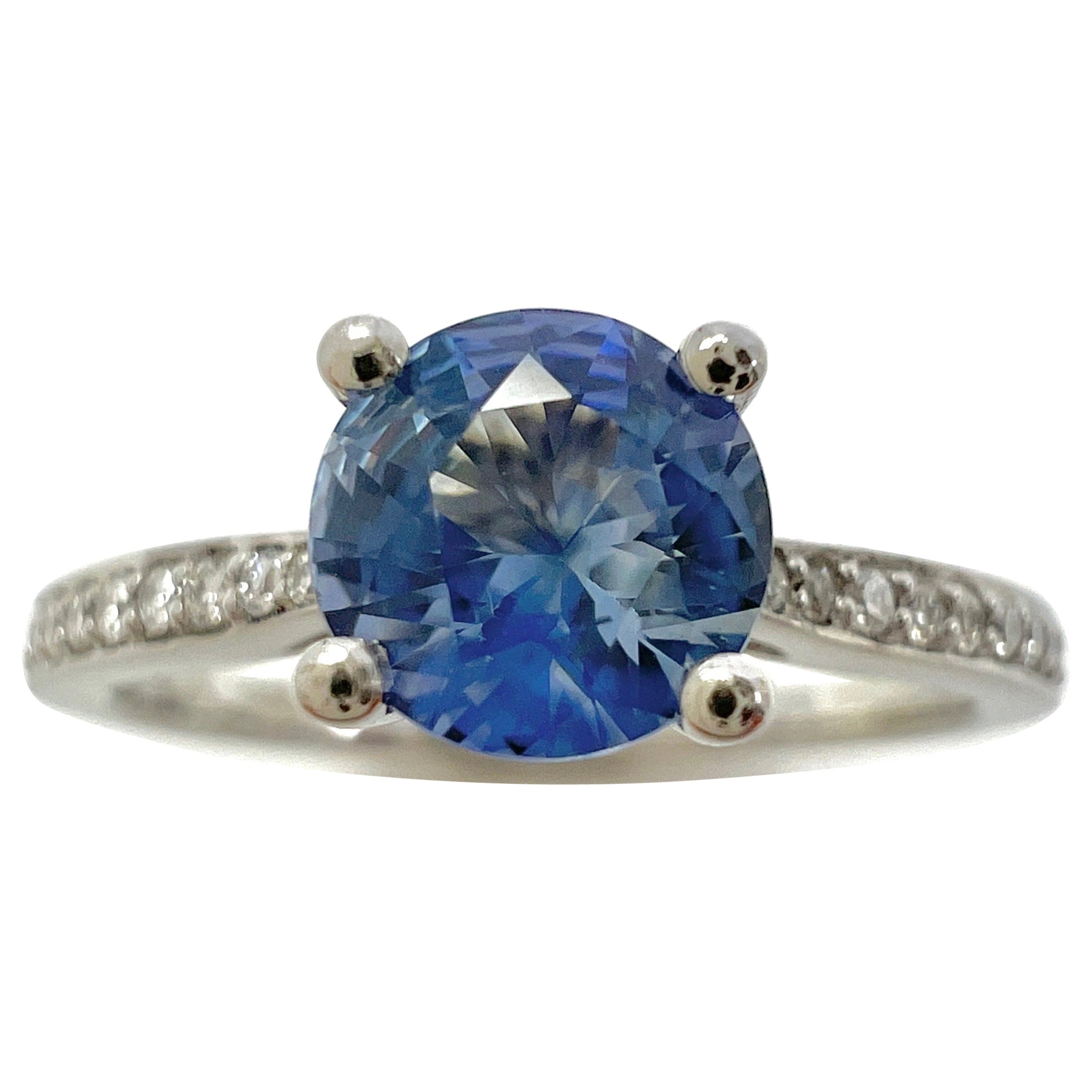 Fine Vivid Light Blue Ceylon Sapphire Diamond Platinum Round Brilliant Cut Ring