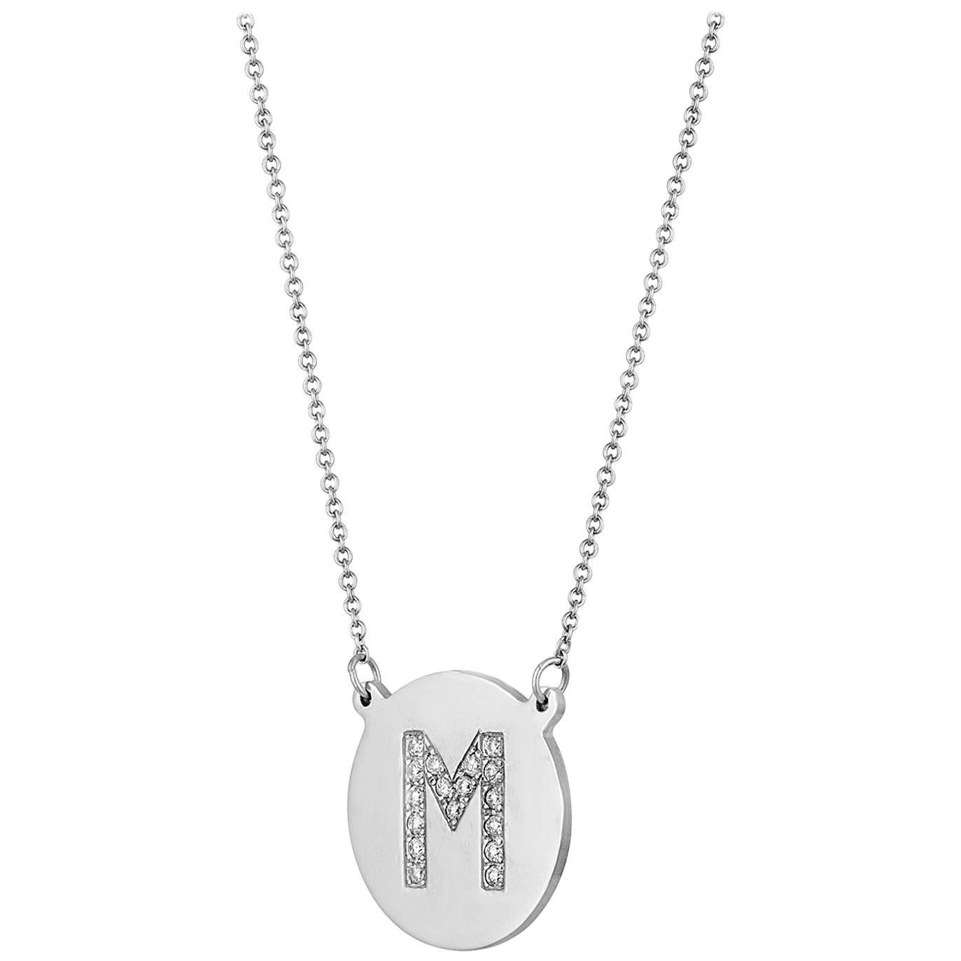 0.13 Carats Diamond Initial Letter "M"  Gold Pendant Charm Necklace For Sale