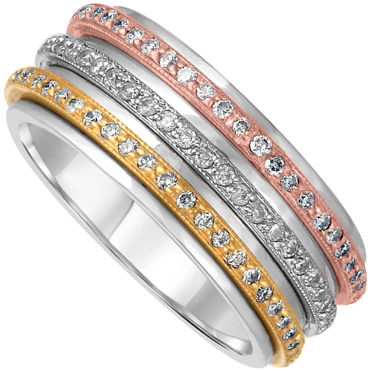 0.71 Carats Tricolor Spin Diamond Gold Wedding Band Ring For Sale