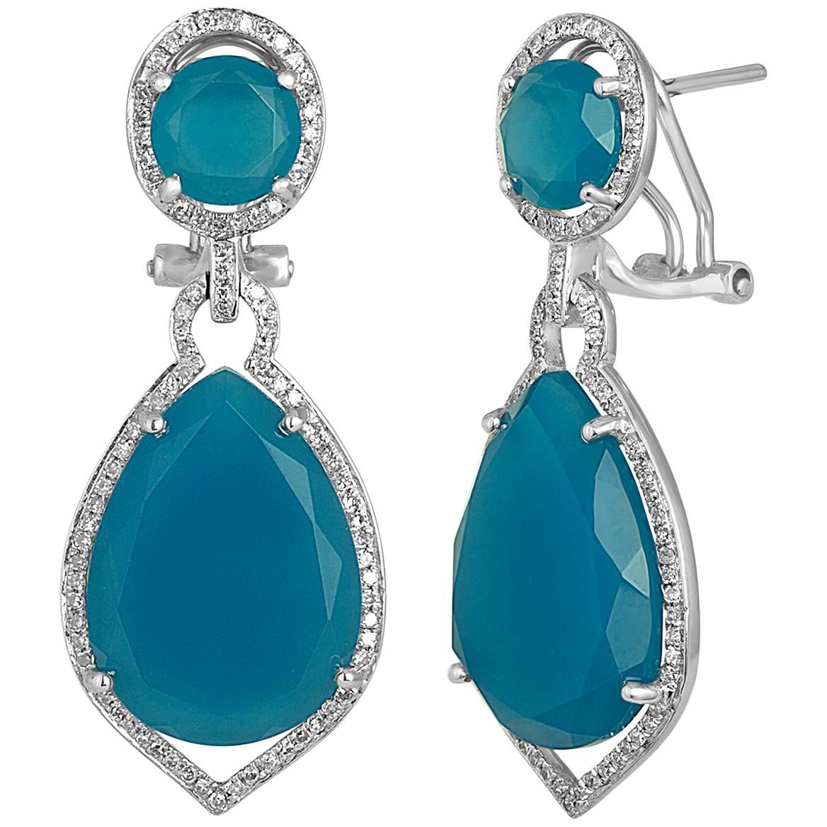 19.21 Carats Blue Agate Diamond Gold Earrings