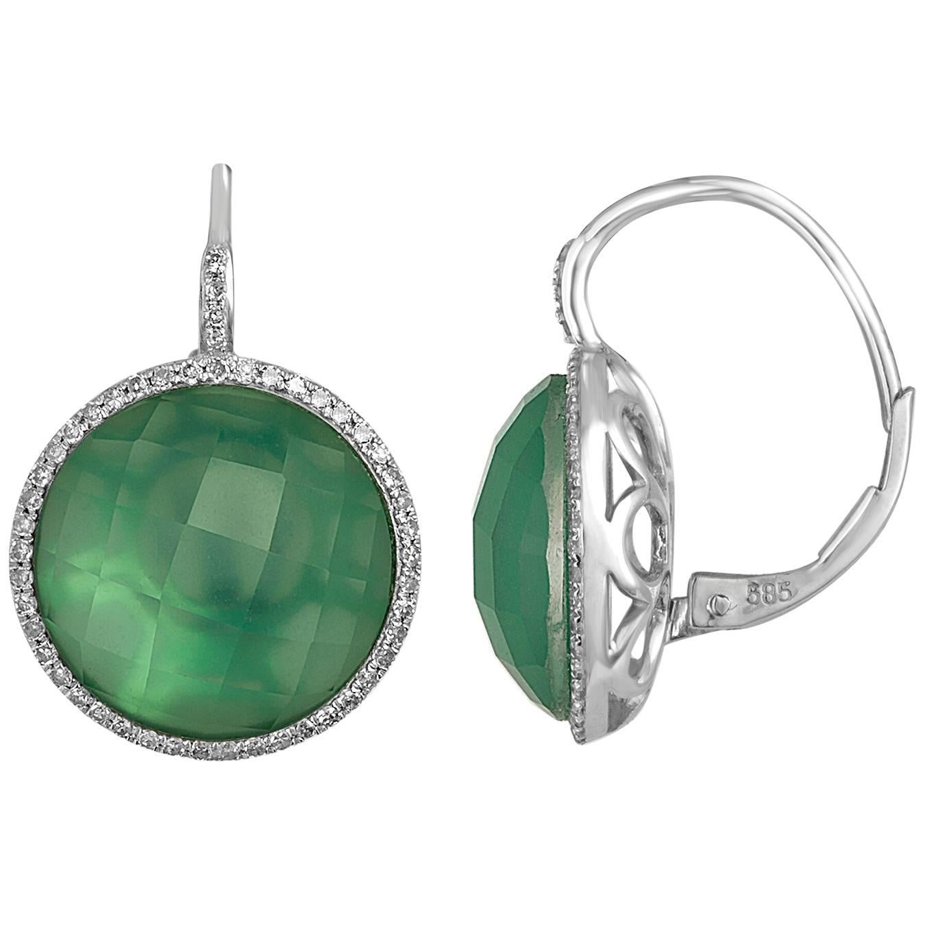 Doublet White Topaz Green Agate Diamond Gold Earrings