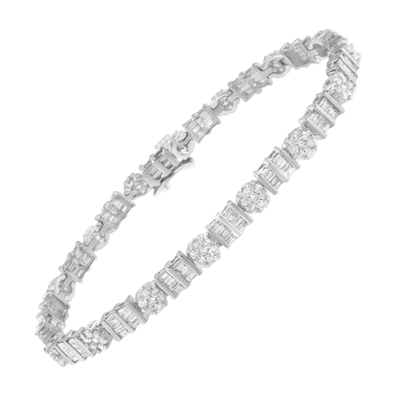14k White Gold 3 3/8 Carat Diamond Cluster Alternating Station Tennis Bracelet
