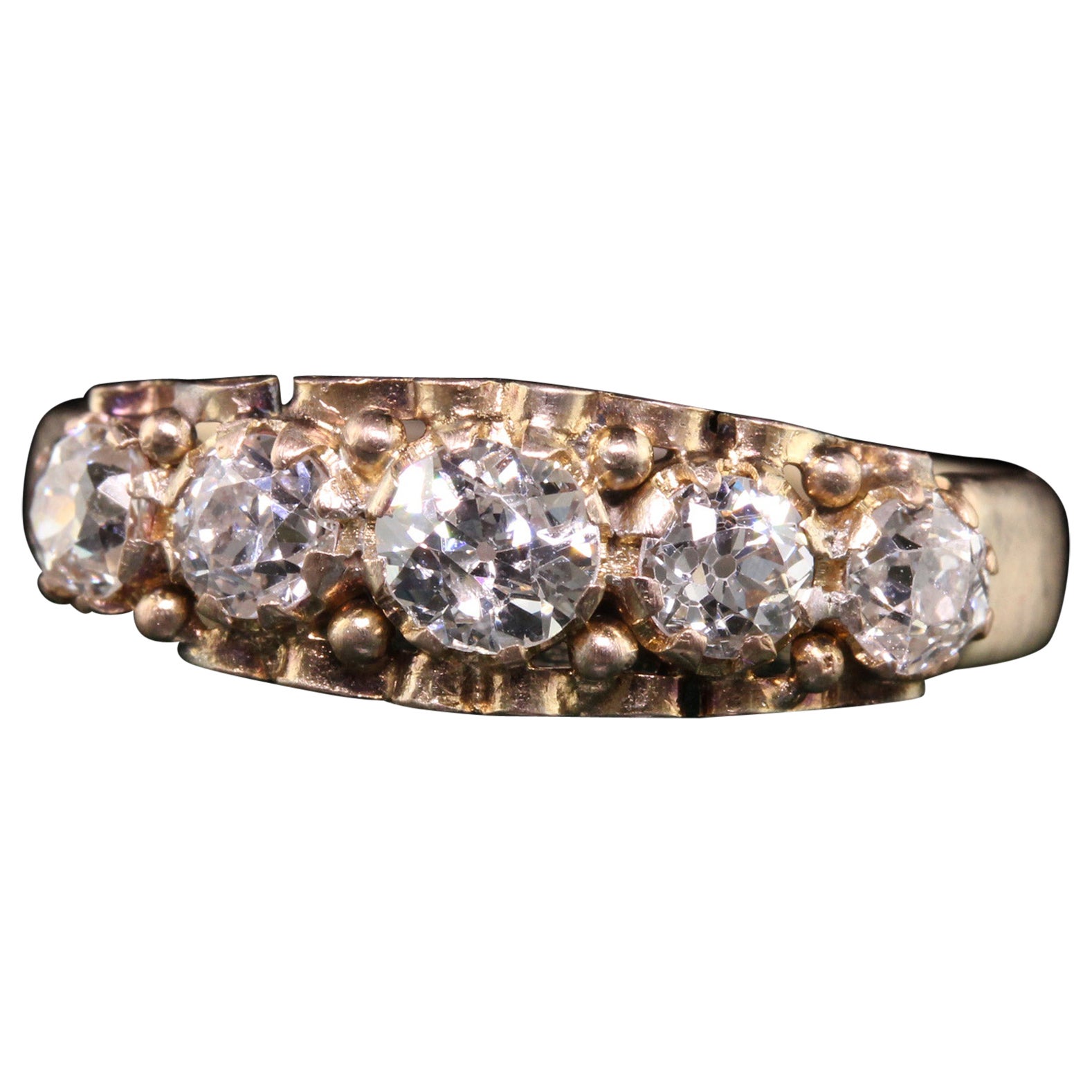 Antique Victorian 15k Yellow Gold Old European Cut Diamond Five Stone Band For Sale