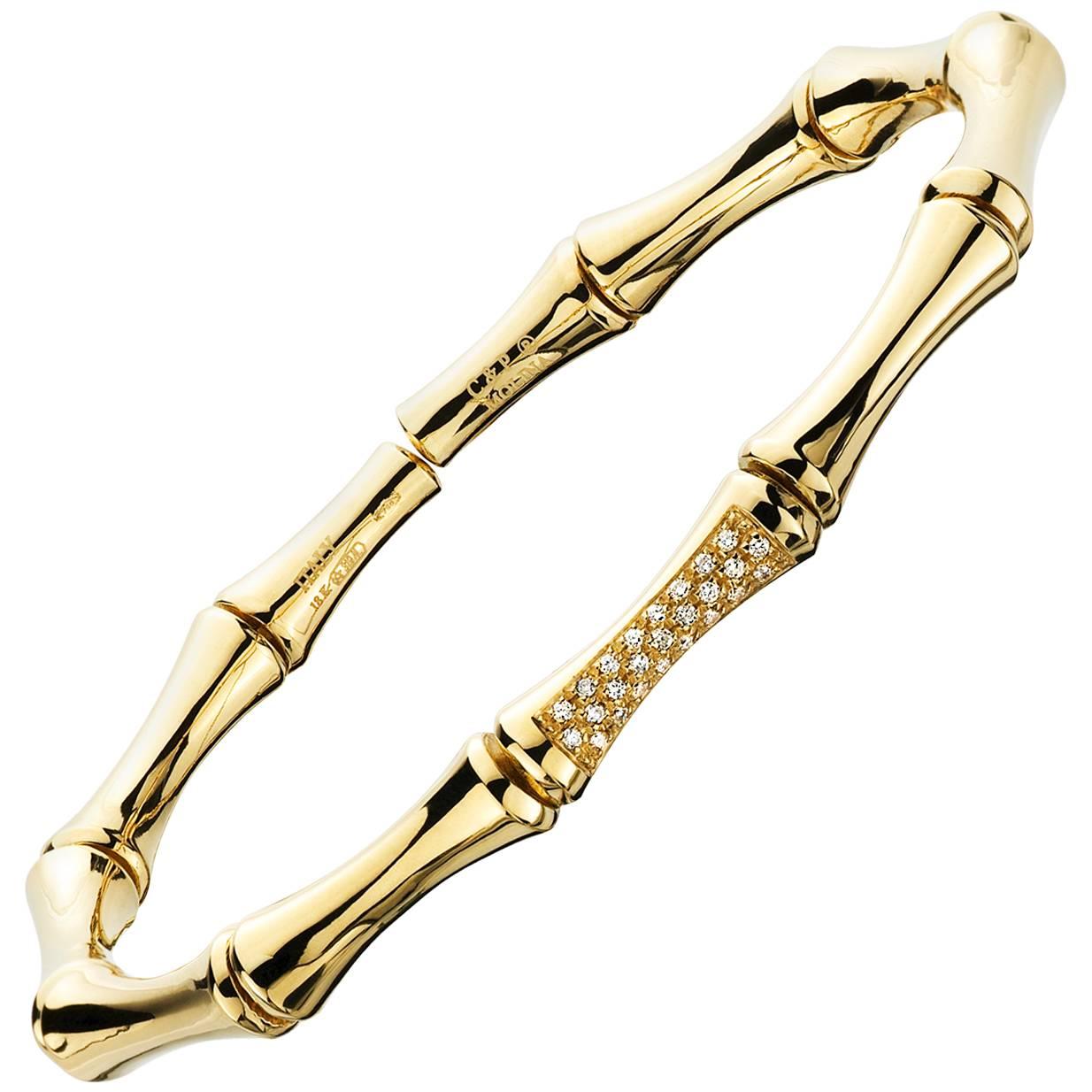 Diamond & 18 Karat Yellow Gold Bamboo Cuff Bracelet