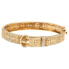 Vintage Diamond Buckle Bracelet Bangle 14k Yellow Gold 6" Estate Fine Jewelry
