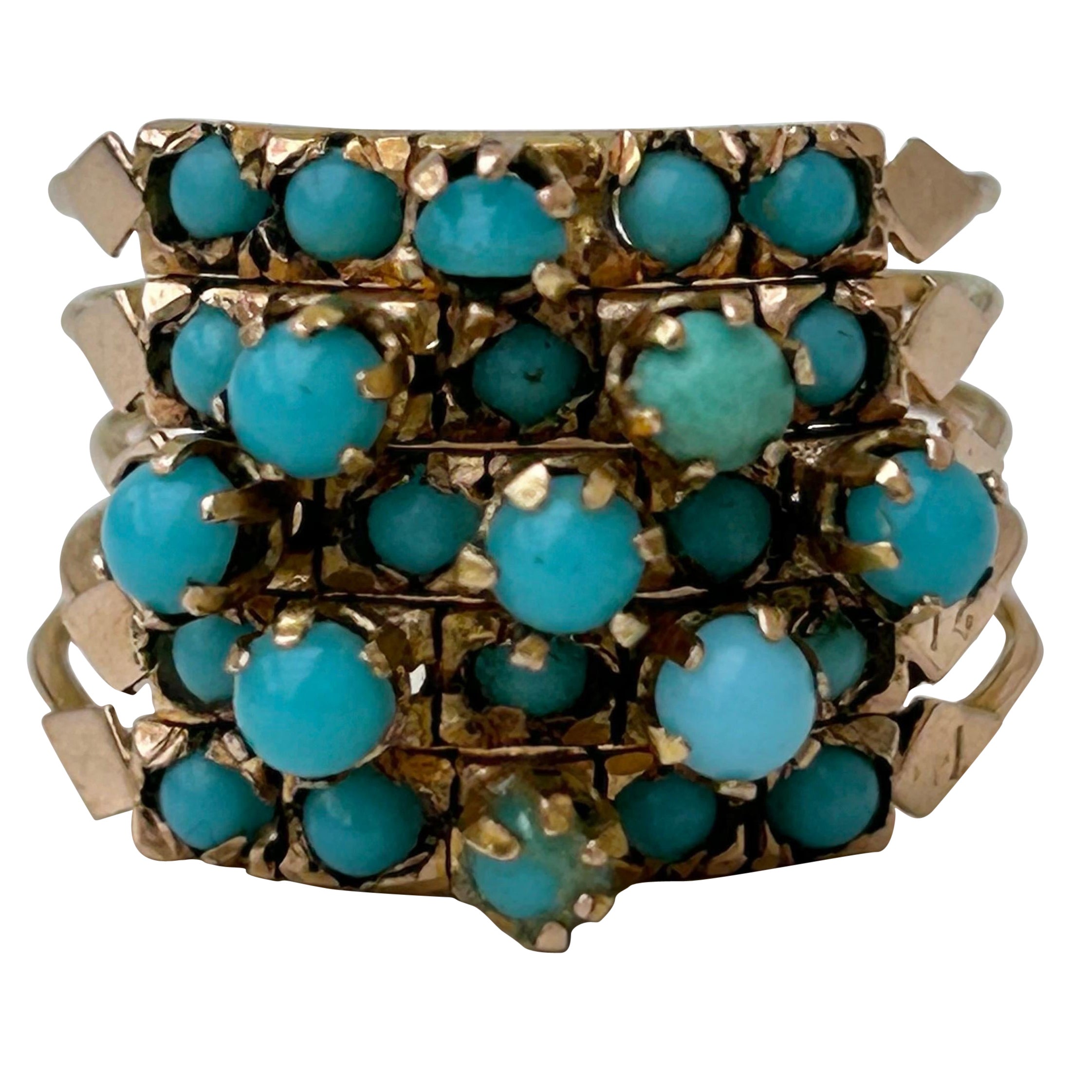 Antique Turquoise and Gold Multirow Hareem Ring For Sale