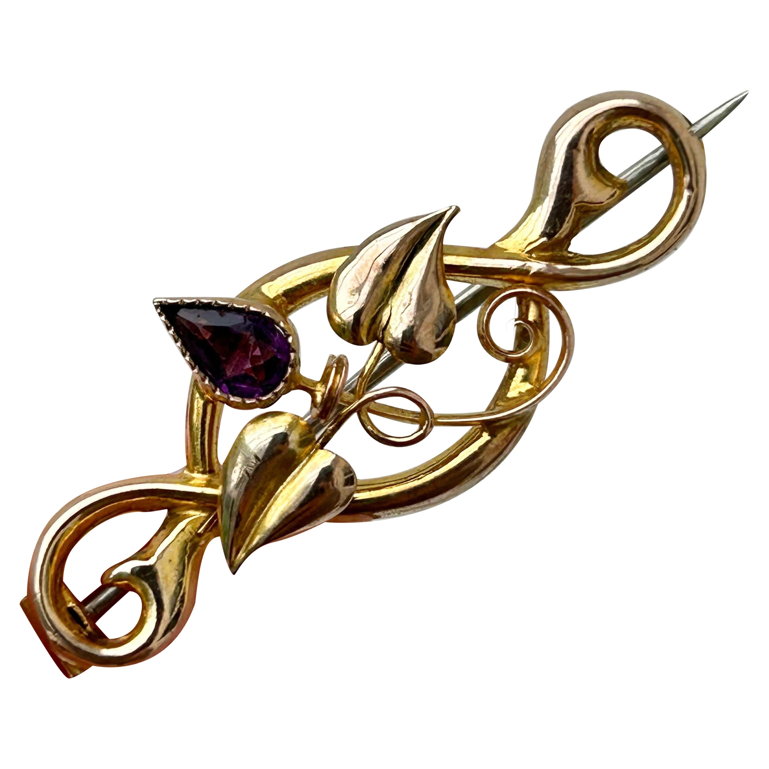 Antique in Box Gold and Amethyst Leaf Brooch For Sale