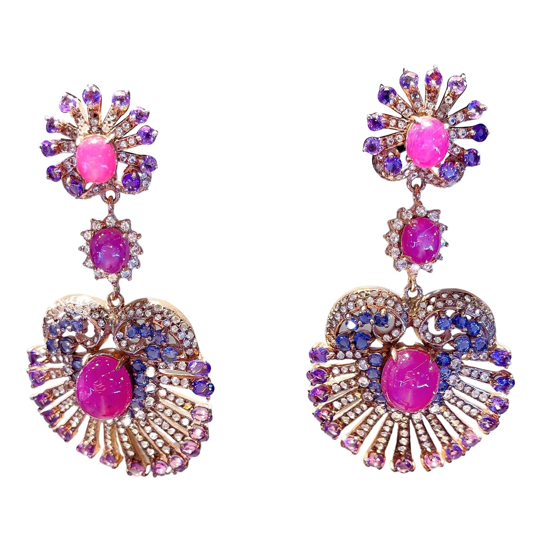 Bochic “Capri” Earrings, Ruby, Amethyst, Tanzanite & Topaz, Silver & 22k Gold For Sale