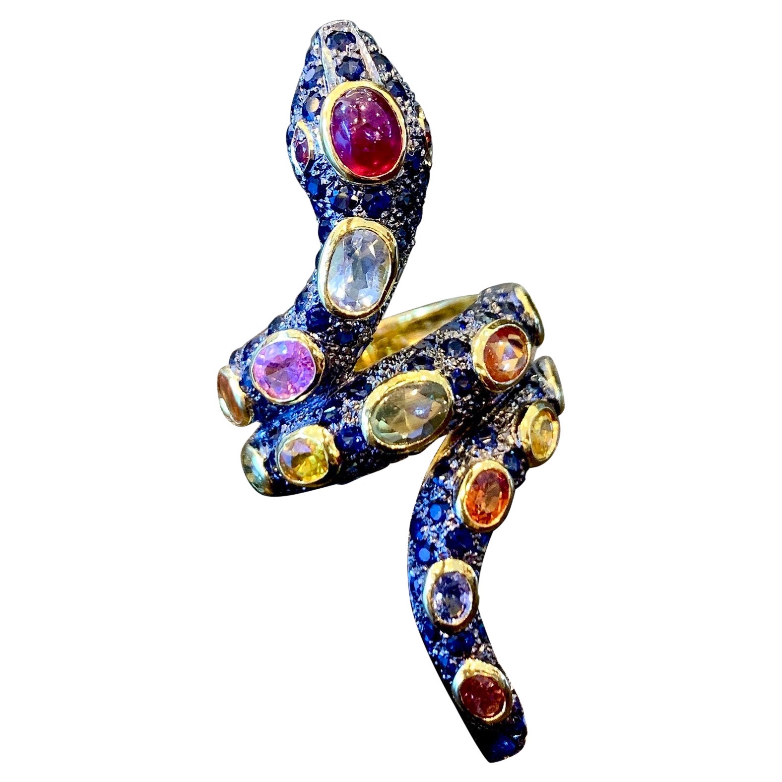 Bochic “Orient” Serpent Fancy Sapphire & Ruby Ring Set In 18K Gold & Silver  For Sale