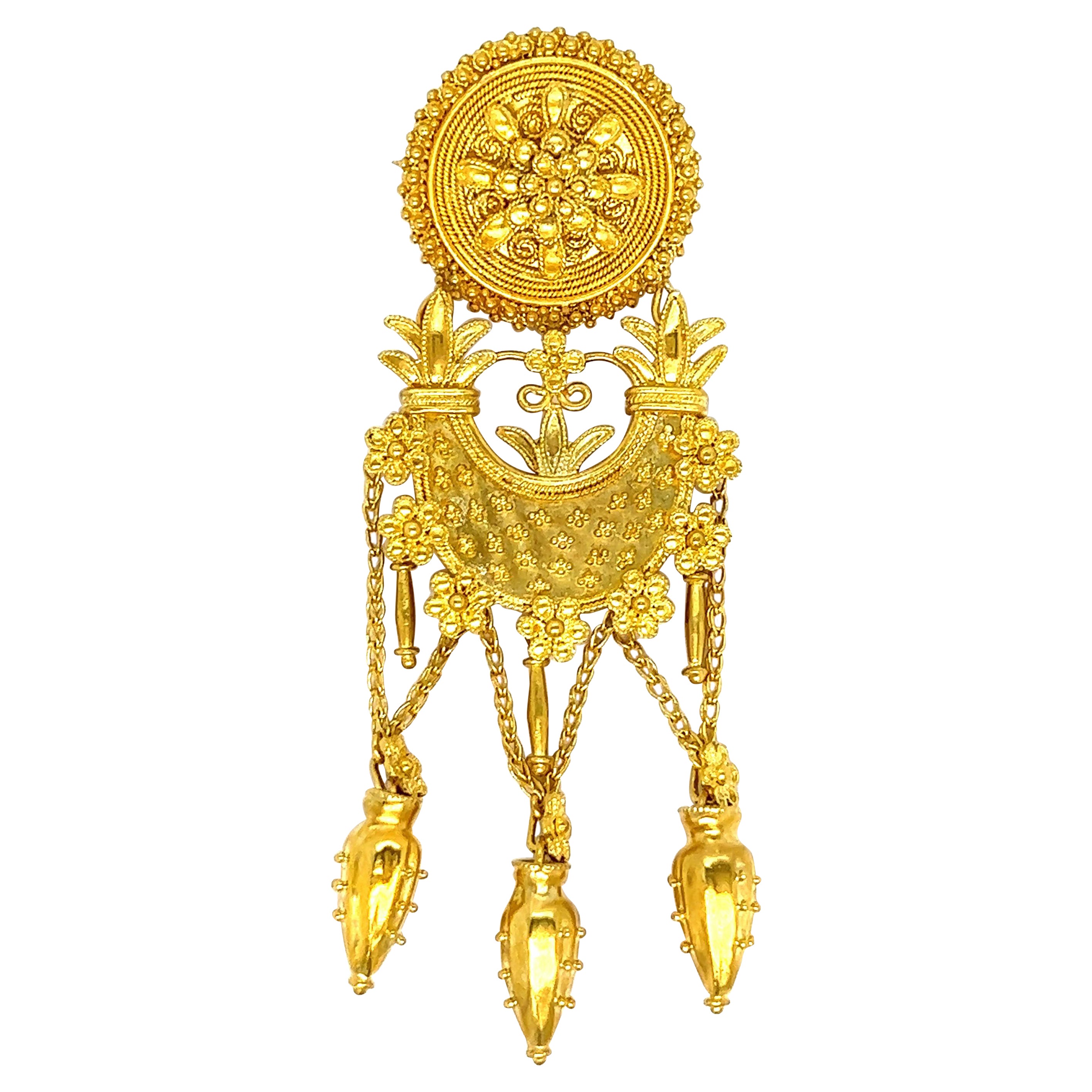 Gold Etruscan Revival Dangling Pendant Brooch For Sale