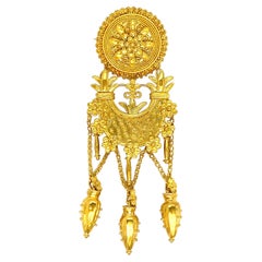 Retro Gold Etruscan Revival Dangling Pendant Brooch