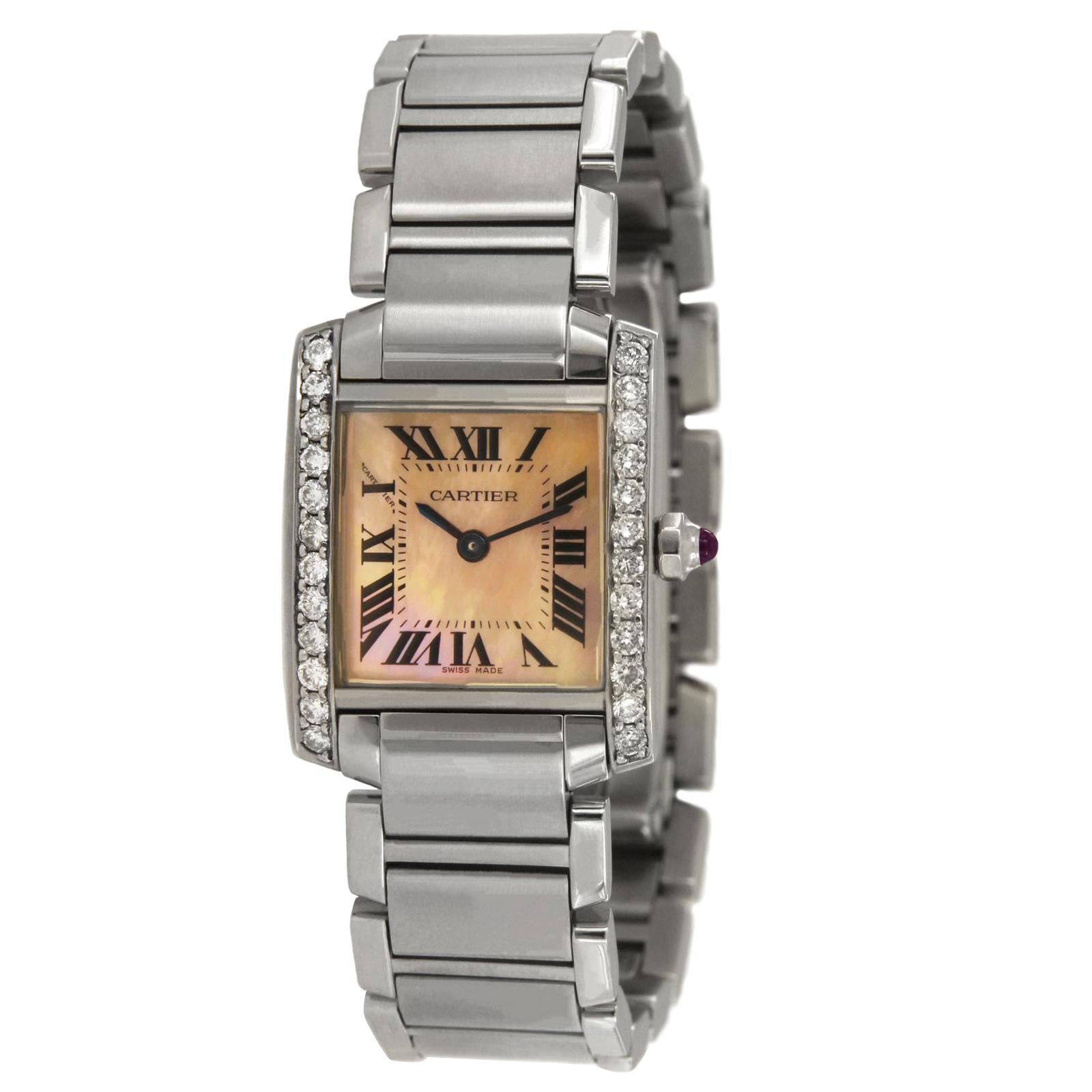 Cartier Tank Francaise Aftermarket Diamond Bezel Pink MOP Dial Watch 2384 For Sale
